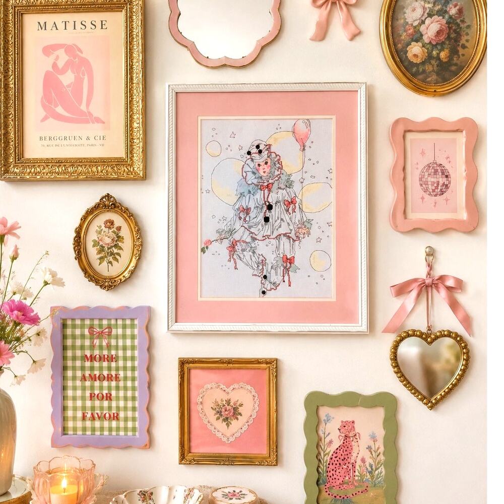 Cross-stitch Mime with Balloon framed matted wall decor feminine quirky oddity